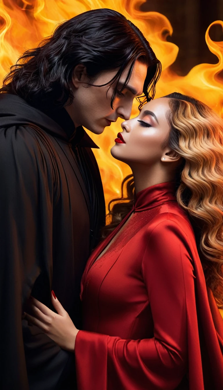 
- Scene: Create an image of two people in love in a setting of mystery and passion.
  
- Woman's Appearance:
  - Resembles Beyoncé
  - Brown skin
  - Long, golden blonde curly hair
  - Confident and seductive expression
  - Wearing a red dress, elegant and form-fitting
  - Lips painted a deep, intense red

- Man's Appearance:
  - Resembles Severus Snape
  - Pale skin
  - Large nose
  - Black, straight hair falling around his face in a somber manner
  - Serious and intense expression
  - Wearing a black cloak, contrasting with the flames around them

- Atmosphere:
  - Surrounded by flames, creating a mystical and fiery ambiance
  - Soft lighting highlighting their faces, enhancing the sparkle in their eyes
  - Flames adding an element of intensity and mystery to the scene
  - They are close to each other, gazing intensely into each other's eyes, exuding a strong emotional connection
