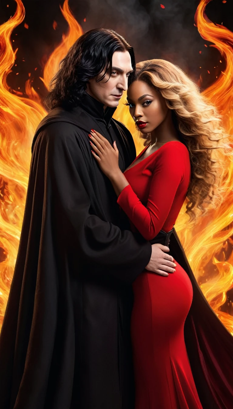 - Scene: Create an image of two people in love in a setting of mystery and passion.
- Woman's Appearance:
- Resembles Beyoncé
- Brown skin
- Long, golden blonde curly hair
- Confident and seductive expression
- Wearing a red dress, elegant and form-fitting
- Lips painted a deep, intense red
- Man's Appearance:
- Resembles Severus Snape
- Pale skin
- Large nose
- Black, straight hair falling around his face in a somber manner
- Serious and intense expression
- Wearing a black cloak, contrasting with the flames around them
- Atmosphere:
- Surrounded by flames, creating a mystical and fiery ambiance
- Soft lighting highlighting their faces, enhancing the sparkle in their eyes
- Flames adding an element of intensity and mystery to the scene
- They are close to each other, gazing intensely into each other's eyes, exuding a strong emotional connection