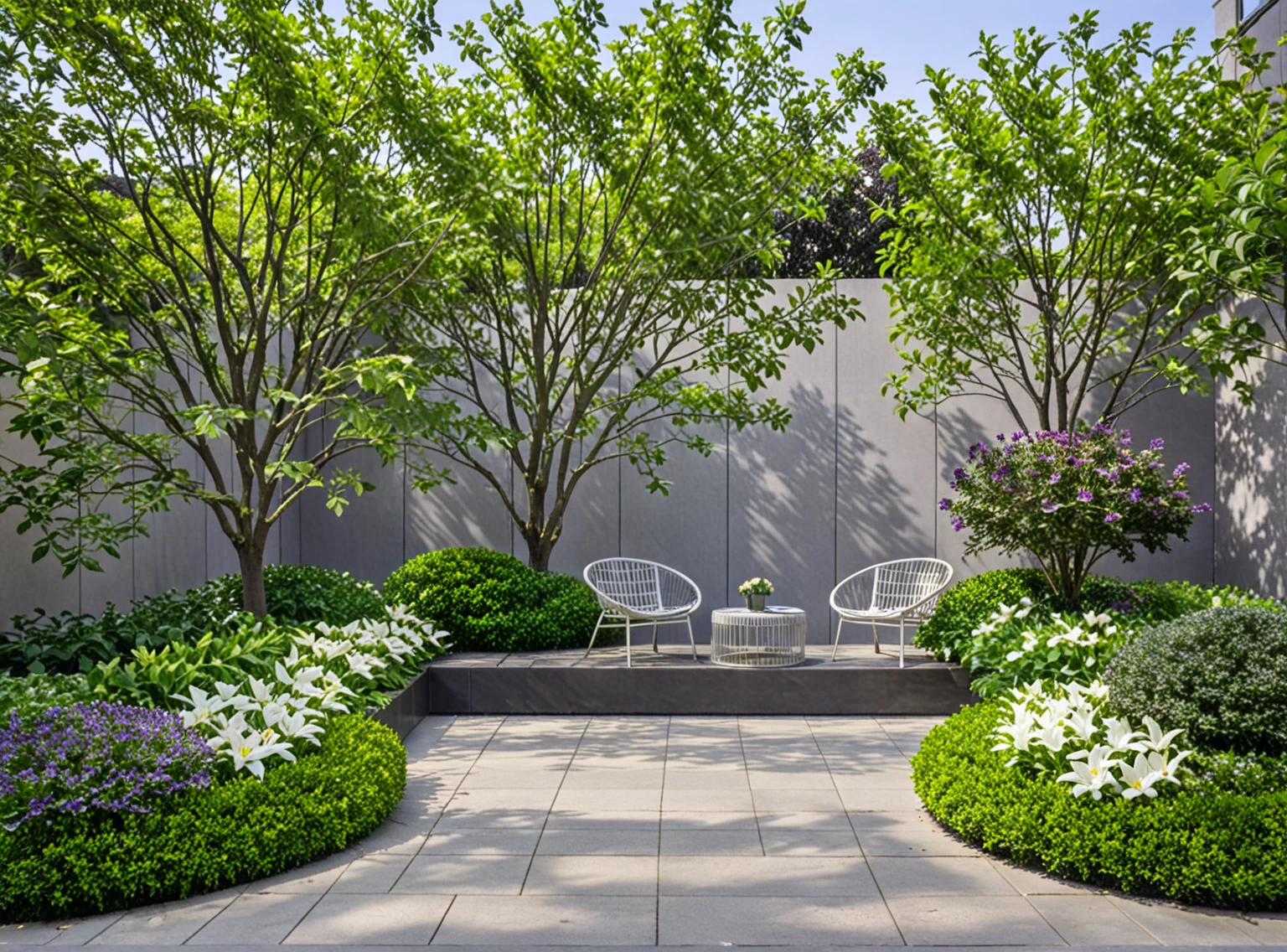 qlcd,tingyuan,no humans,scenery,tree,outdoors,bench,flower,chair,plant,day,shadow,This picture shows a modern style outdoor rest area. There is a circular table in the center of the area,on which a bunch of white lilies are placed. Four white mesh chairs were placed around the table. The background is a wall composed of dark gray vertical slats,surrounded by various plants,including purple flowers,green leafed shrubs,and a small tree. The entire scene is illuminated by sunlight, gate, sidewalk,