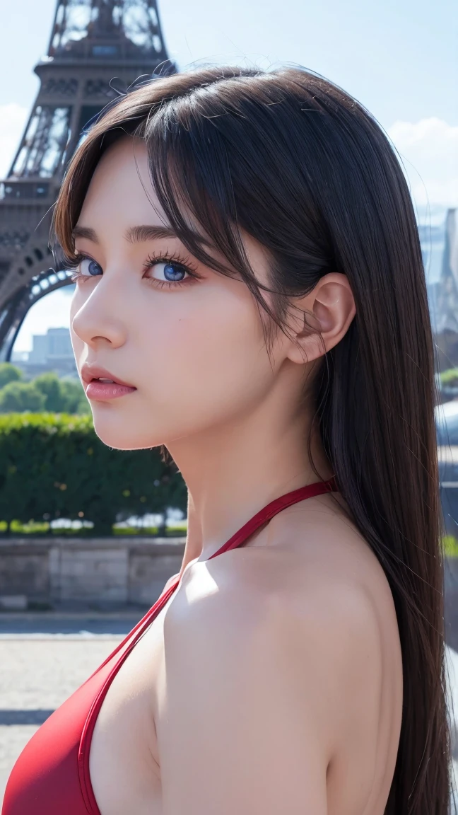 woman, beautiful, realistic, 24 years old, in profile, portrait, gray hair, posing in front of Eiffel Tower, red swimsuit. beautiful eyes, deep and blue eyes, big eyelashes, in profile, anime style,