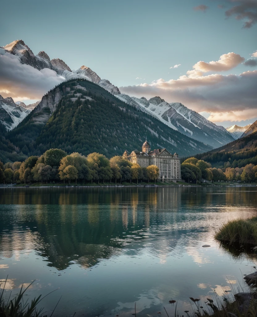 1900s landscape, beautiful detailed scenery of Geneva Lake, serene lake, snow-capped mountains, lush green forests, elegant classic architecture, ornate vintage buildings, cobblestone streets, overcast sky, dramatic lighting, muted color palette, cinematic composition, photorealistic, (best quality, 4k, 8k, highres, masterpiece:1.2), ultra-detailed, (realistic, photorealistic, photo-realistic:1.37), HDR, UHD, studio lighting, professional, vivid colors, landscape