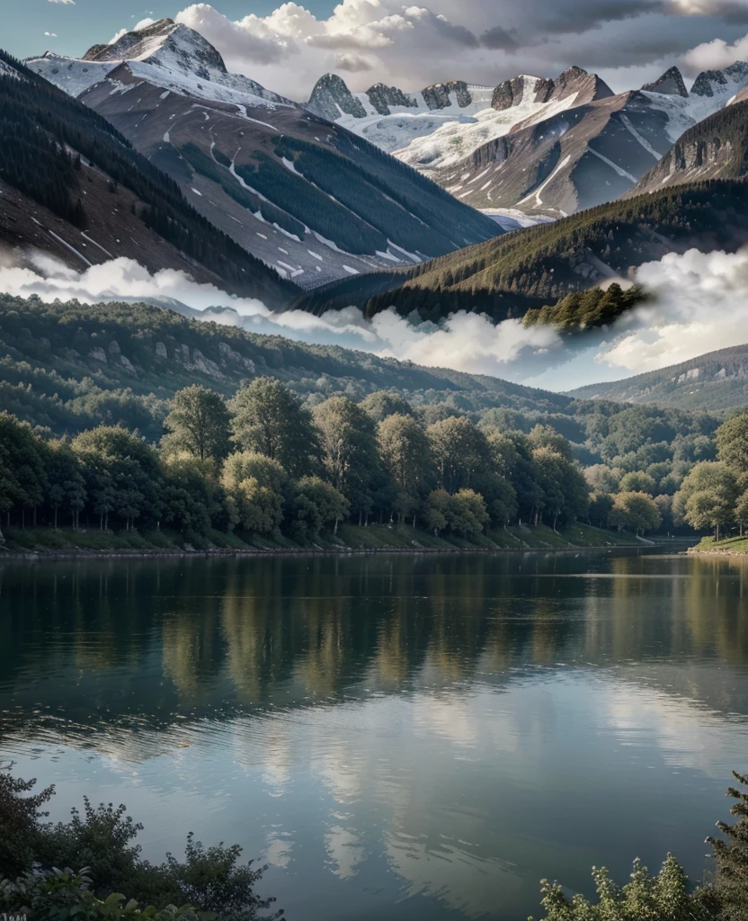 1900s landscape, beautiful detailed scenery of Geneva Lake, serene lake, snow-capped mountains, lush green forests, elegant classic architecture, ornate vintage buildings, cobblestone streets, overcast sky, dramatic lighting, muted color palette, cinematic composition, photorealistic, (best quality, 4k, 8k, highres, masterpiece:1.2), ultra-detailed, (realistic, photorealistic, photo-realistic:1.37), HDR, UHD, studio lighting, professional, vivid colors, landscape