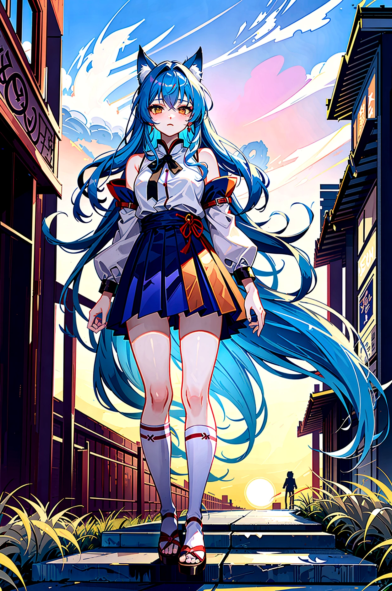 fox Light blue hair 　beast girl　indigo fur　fox beast girl　Sesshomaru, Yellow eyes, Anime, Perfect face, Perfect Lighting, Outdoors, Warm colors, Dark purple sky, Autumn sunset,  \(inuyasha\), Bearing Claw, Ready to fight