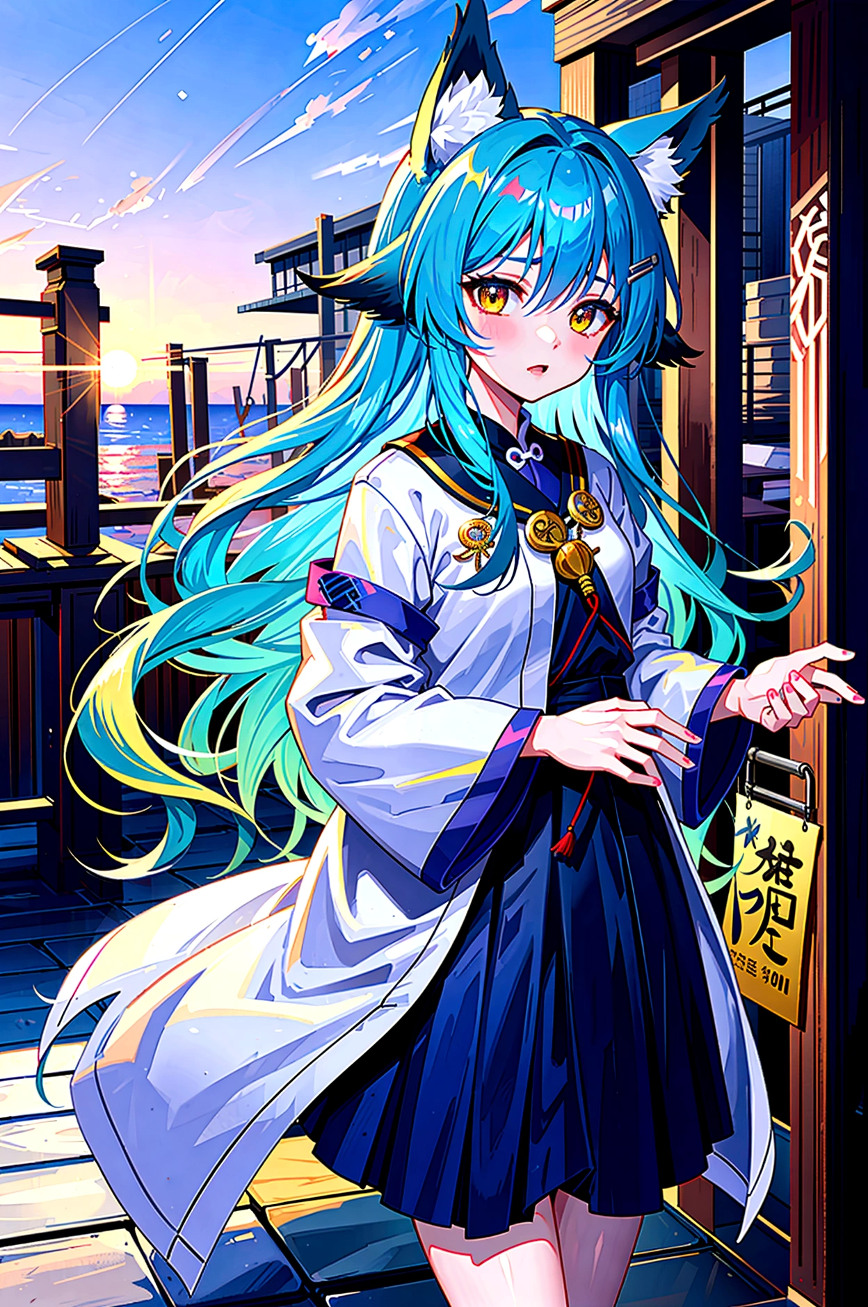 fox Light blue hair beast girl indigo fur fox beast girl Sesshomaru, Yellow eyes, Anime, Perfect face, Perfect Lighting, Outdoors, Warm colors, Dark purple sky, Autumn sunset, \(inuyasha\), Bearing Claw, Ready to fight