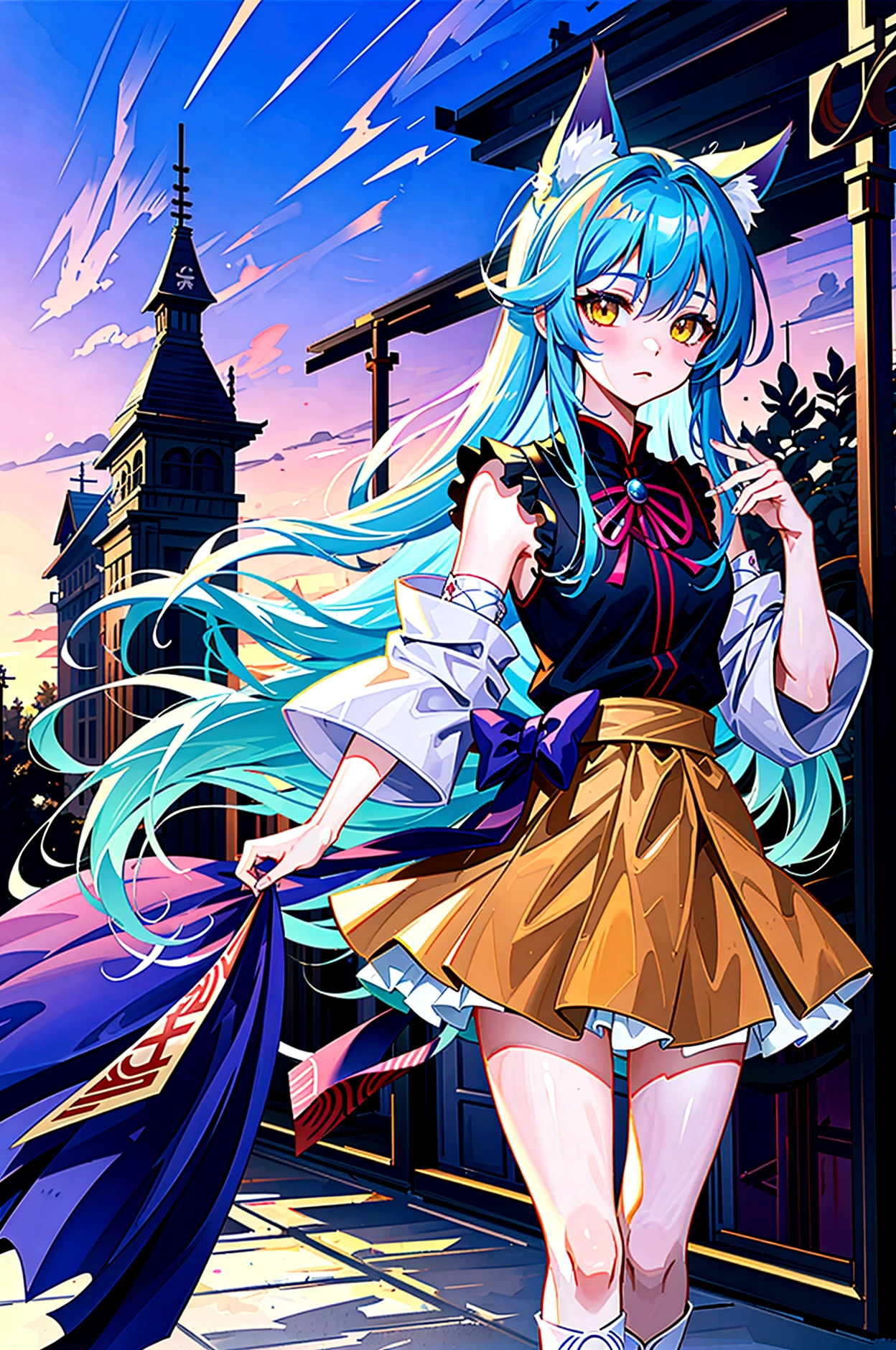 fox Light blue hair beast girl indigo fur fox beast girl Sesshomaru, Yellow eyes, Anime, Perfect face, Perfect Lighting, Outdoors, Warm colors, Dark purple sky, Autumn sunset, \(inuyasha\), Bearing Claw, Ready to fight