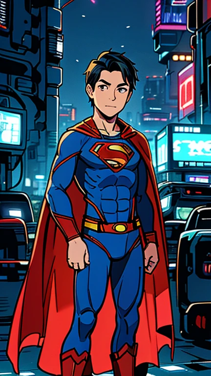 best quality,masterpiece,1boy,solo,(((13years old))),japanese boy,an extremely cute and handsome boy,highly detailed beautiful face and eyes,petit,cute face,lovely face,baby face,shy smile,show teeth, Black hair,Short hair,flat chest,skinny,slender,(((wearing a Superman costume,red cape))),(((standing in Dark Midnight Neon Glow light Cyberpunk metropolis city))),he is looking at the viewer,