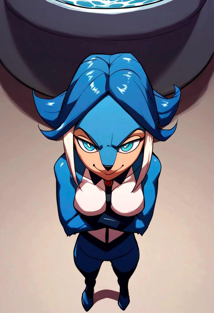 score_9, score_8_above, score_7_above, score_6_above, score_5_above, score_4_above, fountain_cheered up, Body blanco, evil smile, crossed arms, half closed eyes, pose,, 1 girl, queen yagami, blue fur, wide, two tone hair, Blue eyes,