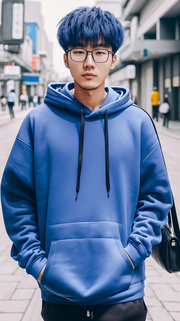 21 year old Beijing boy, he is ((oversized xxxl blue plain hoodie)), wearing black Trousers, wearing sneakers, wearing glasses, fully body, (he is 한국 머리카락입니다) Korean style, walking, buzz Hairstyle,foot, station 