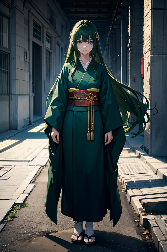 1woman, dark green hair, long hair, blue eyes, kimono, standing on ground, high res, ultra sharp, 8K, masterpiece
