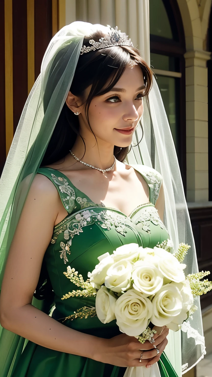 A woman wearing a green veil and green wedding dress at a wedding and holding a bouquet