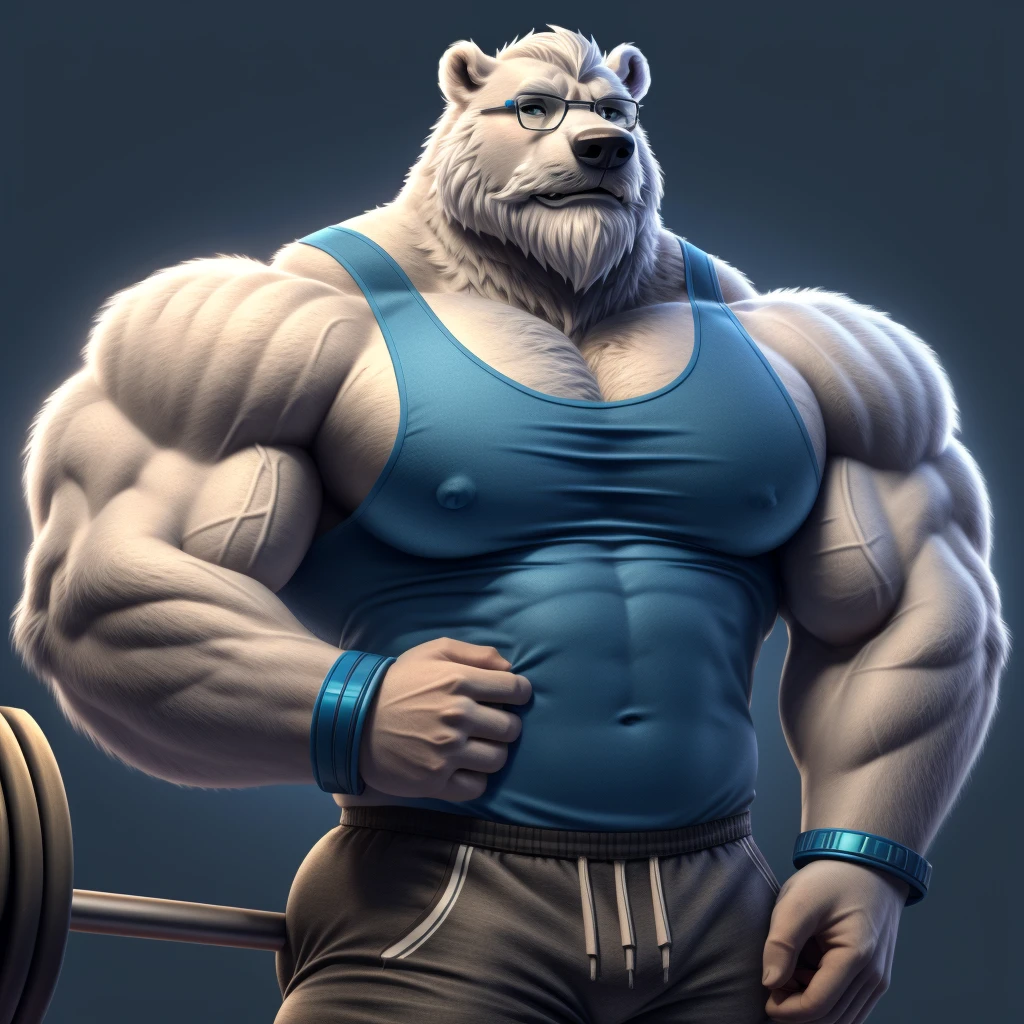 solo, 1boy, Huge Muscular old White Polar Bear wearing glasses, huge white fur, pectoral, huge pectoral, wide pectoral, short white hair, blue colored short pants, blue colored wristbands and blue colored tank top, white bearded, white Mustache, white fur, simple background, masterpiece, high detailed, 8k, high resolution, at the gym, bicep curls heavyweights barbell