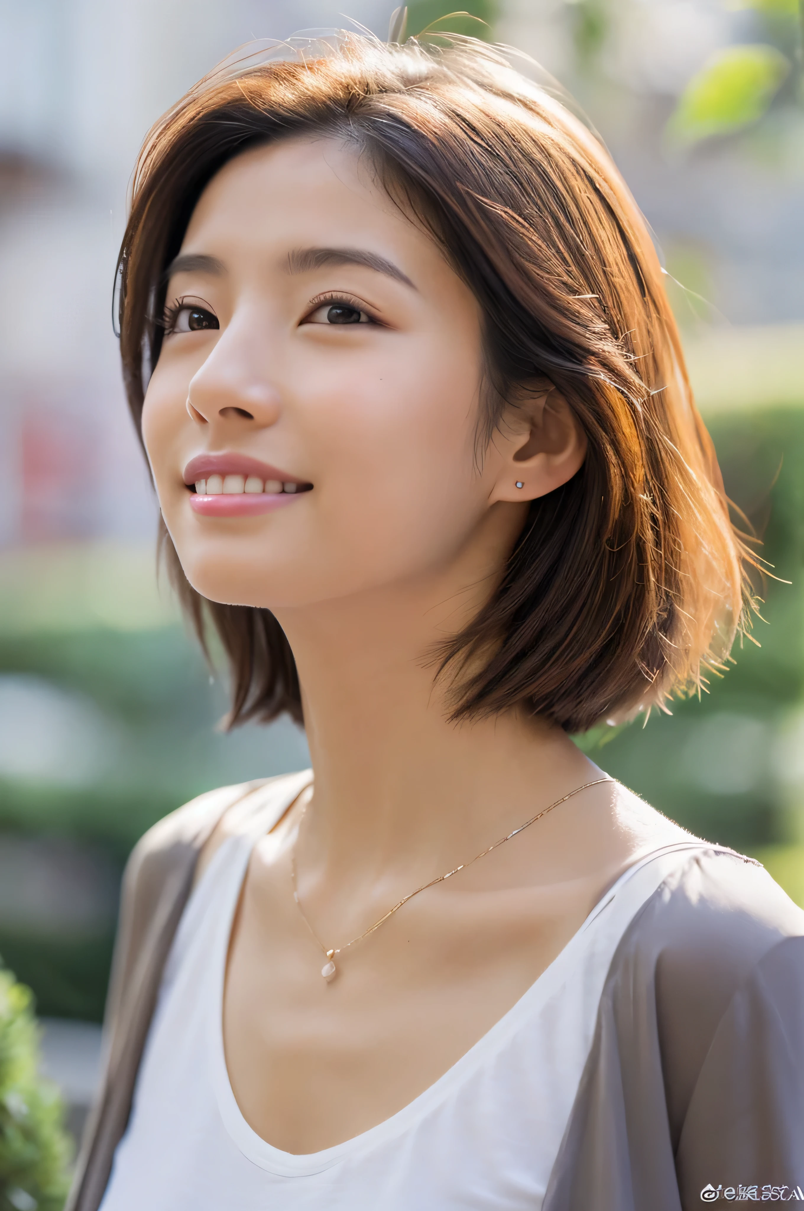 Front view of (((Masamisuno))),(in 8K, top-quality, masterpiece:1.3, 超A high resolution, A hyper-realistic), high detailing, ((Face like the real thing)), Photorealsitic, Raw foto, ((one beautiful women)), 27yo, Detailed face, beautidful eyes, realisticeyes, Eyes in Beautiful Details, (real looking skin), Beautiful skins, enticing, depth of fields, hight resolution, High pixel count, clear details, sharp photo, Natural color reproduction, Noise Reduction, High fidelity, quality, Software Updates, Optimized algorithms, Stylish café terrace, Everyday clothes, Neat and clean clothing, perfect bodies, face perfect, perfect chest, perfect teeth, Perfect tooth alignment, , Sexy lips, Ears are visible, Looking away, Natural perspective, (Don't look into the viewer's eyes), a smile, kindly smile, Beautiful skins, enticing, the golden ratio, (Detal Face:1.2), profetional lighting, Lighting the face, best light, japanes,japanaese girl, Photo of a cute Japanese woman, Small necklace, Thin Silver Necklace, simple background, Casual pose, Short hair swaying in the wind