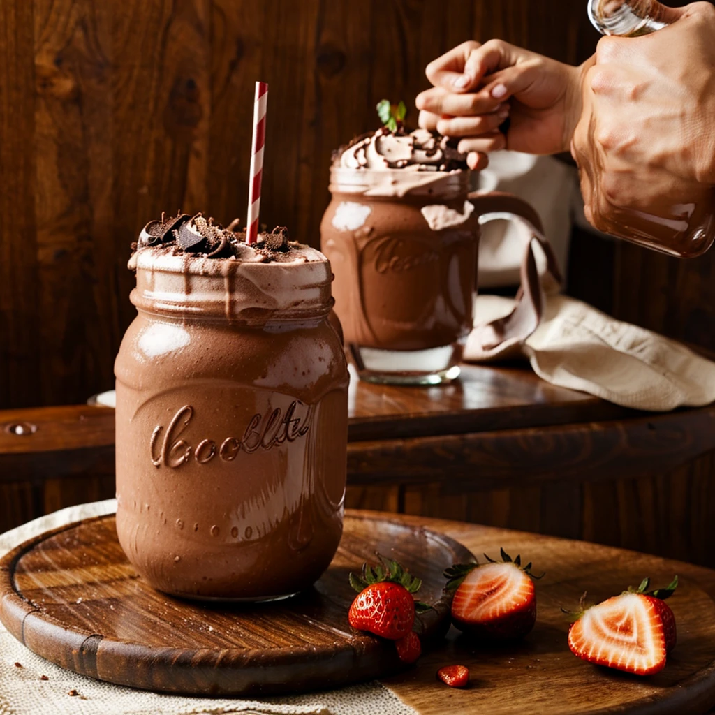 One chocolate and strawberry milkshake. Beautiful and elegant. At a clean restaurant table 