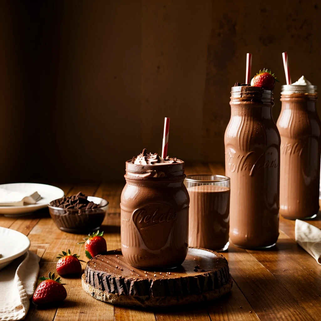 One chocolate and strawberry milkshake. Beautiful and elegant. At a clean restaurant table 