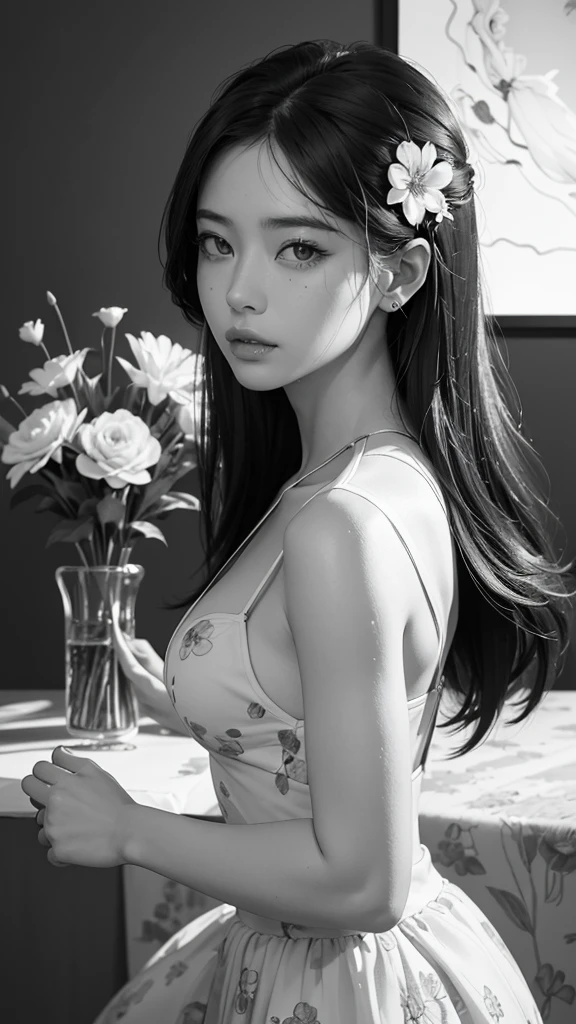 The flowers on both sides form a frame. 額の中にはcoolとライバルの入った女性 glamorous cool Women are black and white but flowers are vibrantly colored Best Quality, Masterpiece, Ultra High Resolution, (Realisticity: 1.4), Original Photo, Cinematic Lighting