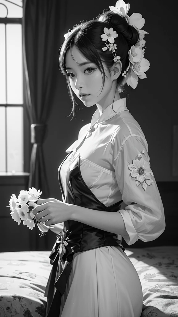The flowers on both sides form a frame.　額の中にはcoolとライバルの入った女性　glamorous　cool　Women are black and white but flowers are vibrantly colored　Best Quality, Masterpiece, Ultra High Resolution, (Realisticity: 1.4), Original Photo, Cinematic Lighting