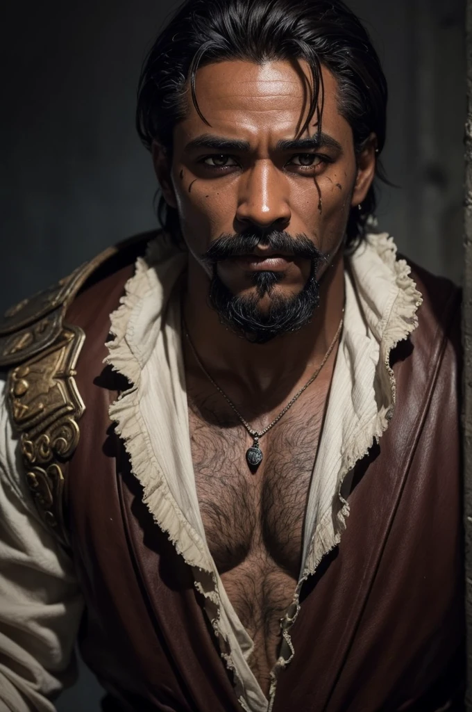 I need you to use the dark fantasy traits from the 1980s, dungeons and dragons style.  A dark-skinned man aged 28 but aged due to a hard and difficult life. Dark brown eyes and a full mustache and goatee. His face contains some fire burn scars and deep dark circles under his eyes.. Wearing tattered clothes 