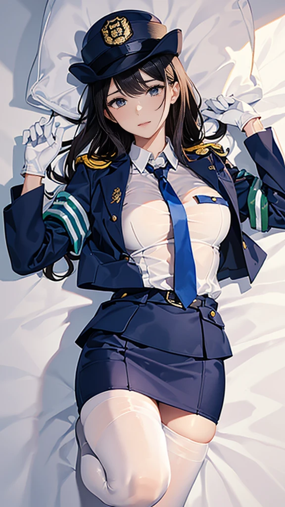 Highest quality、masterpiece、8K、Realistic、超High resolution、Very delicate and beautiful、High resolution、Cinema Lighting、medium range shooting、Perfect female body、Beautiful woman、Mature Woman、Beautiful Eyes、(((aroused、in heat)))、((Female police officer、紺色のFemale police officer、Uniform Buttons、Navy blue tie、Uniform jacket、White gloves))、pantyhose、Pencil Skirt、Stiletto heel pumps、Police Badge、Epaulettes、Bent body、Lie in, Look to the side, (Worried face, Drunk look、Hot body、Sweaty)、bedroom、Lying on the white sheets of a bed、