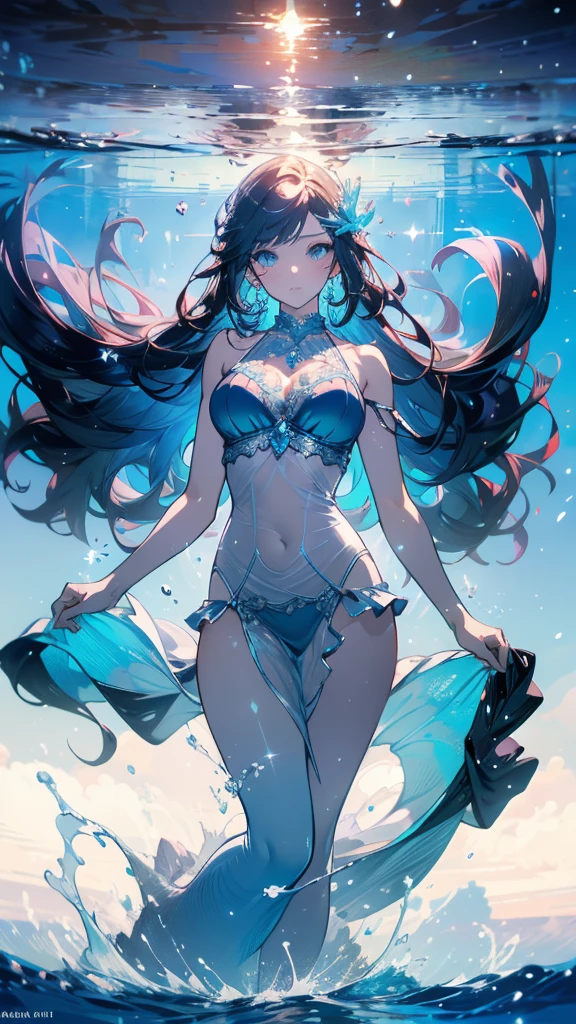 ((masterpiece, best quality)), Delicate face， Mermaid under the sea，whole body，Standing picture，Large Breasts，Gradient long wavy hair，Perfect body proportions，beautiful eyes，Extremely beautiful，transparent，Pure white background，egret，Water Ripples，Sexy Lingerie，Lace