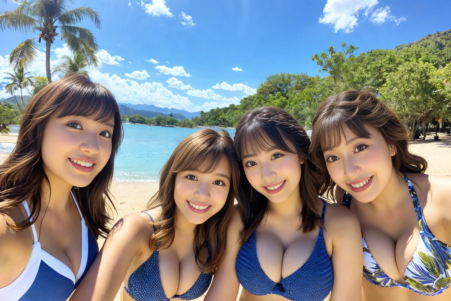 (From below:1.4)、(Three Girls:1.4)、Light brown fringe hair、Braided hair、Disheveled Hair、Light brown eyes、(Laughter)、(Big Tits:1.5)、(Highlight the valley:1.3)、Dressing room、Photorealistic、(Shadow:1.1)、(Intricate details:1.2)、(Tabletop、:1.3)、(Highest quality:1.4)、(Ultra-high resolution:1.2)、Ultra-high resolution、(Detailed eyes)、(Detailed facial features)、(Colorful Bikinis:1.2), (Selfie:1.3)、Girls standing side by side、On a tropical beach、blue sky、beautiful sea