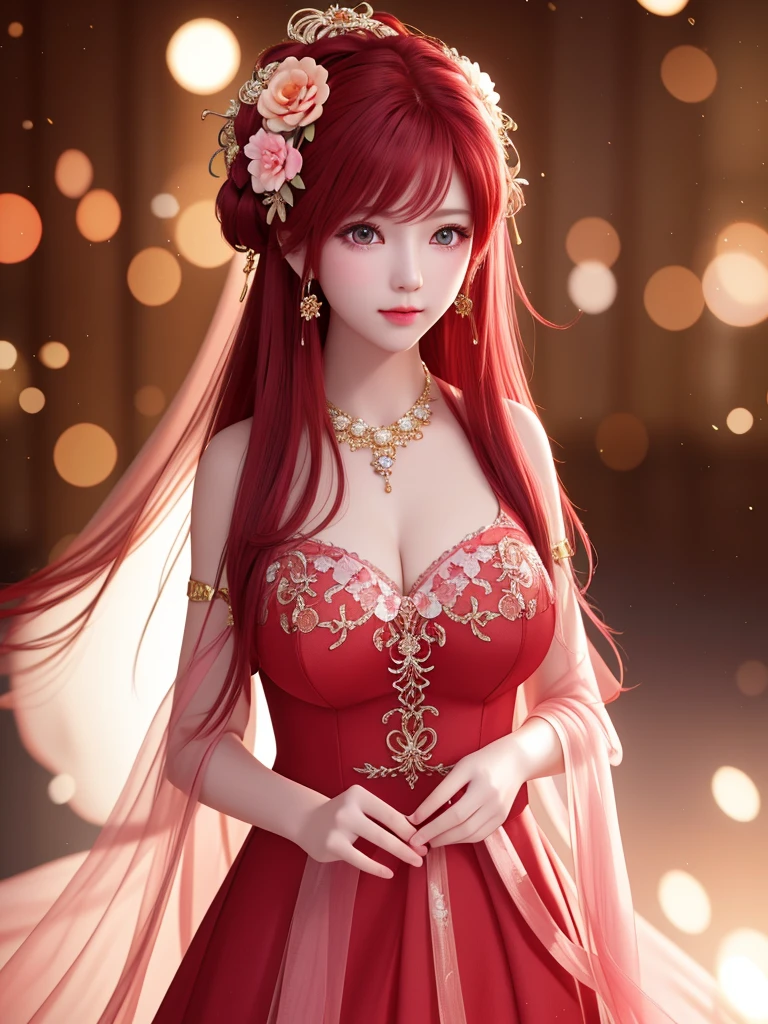 best quality, masterpiece, High target, There is a girl with a basket of flowers on her head, Big breast beauty,Very sexy,Beautiful red dress, Hair Decorationss, necklace, Decorations, Pretty Face, When the body, Tyndall effect, Realistic Portraits, Edge lighting, Two-color light, (Very delicate skin:1.2), 8K uhd, Digital SLR Camera, Soft Light, high quality, Volumetric Lighting, Honest, photo, high resolution, 4K, 8K, Bokeh,Big red hair,Pink Eyes.