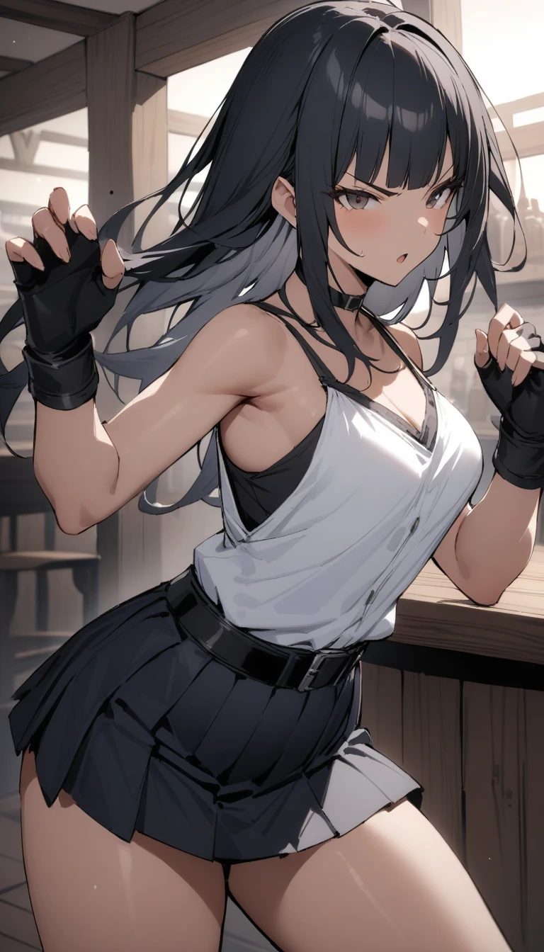 ((Highest quality)), ((masterpiece)), (detailed),cowboy shot , Rin々Policewoman small breasts Mature Woman, Black sleeveless blouse with white inner camisole,Black choker,Black long hair Blunt bangs black pleated mini skirt black fingerless gloves V-shaped eyebrows Combat Stance Black Belt Old tavern