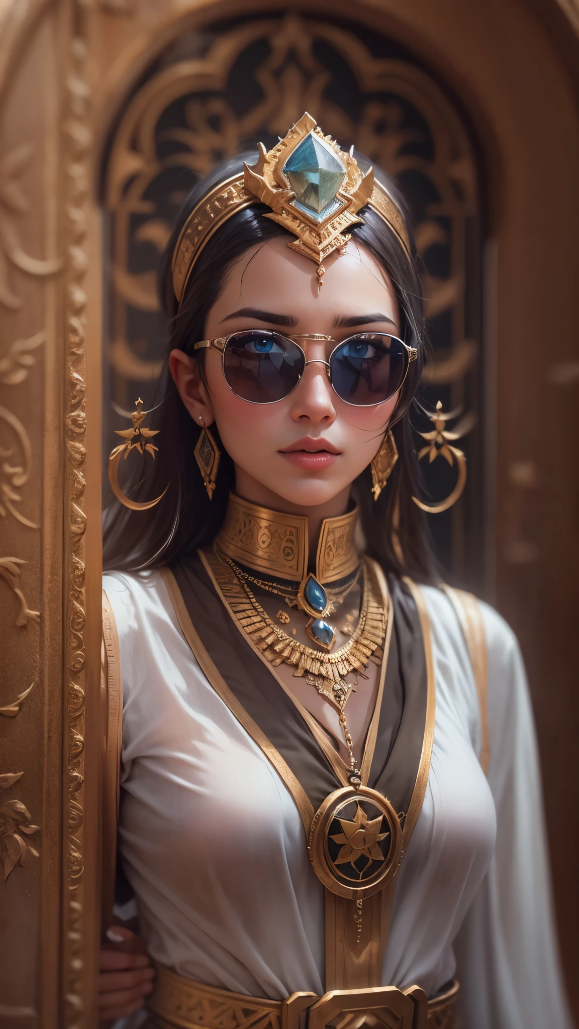 A very realistic and very detailed picture oF the beautiFul princess oF Babylon wearing sunglasses in the city oF Babylon oF the Future , The outFit inscribed with the plates oF the shield oF Babylon, شعر طويل, وشم اليد والجسم, تشكل الموضة, BeautiFul hazel eyes symmetrical detailed, detailed gorgeous Face, كائن مفصلي نموذجي , The advanced environment oF the city oF Babylon , Integrating Babylonian civilization with Future technology , التفاصيل المعلقة, 30 ميجابكسل, 4K, كاميرا كانون EOS 5D Mark IV الرقمية SLR, عدسة 85 ملم, sharp Focus, مفصلة بشكل معقد, وقت التعرض الطويل, F/8, ايزو 100, سرعة الغالق 1/125, DiFFused backlight, الصورة الحائزة على جائزة, Facing camera, النظر في الكاميرا, مونوفيجن, PerFect contrast, حدة عالية, Facial symmetry, Depth-oF-Field, تصوير فوتوغرافي مفصل للغاية, رايتسار, الإضاءة العالمية, تانفرتاميم, ناعم, Ultra-High DeFinition, 8 كيلو, محرك غير واقعي 5, Ultra-sharp Focus, الصورة الحائزة على جائزة, تتجه على artstation