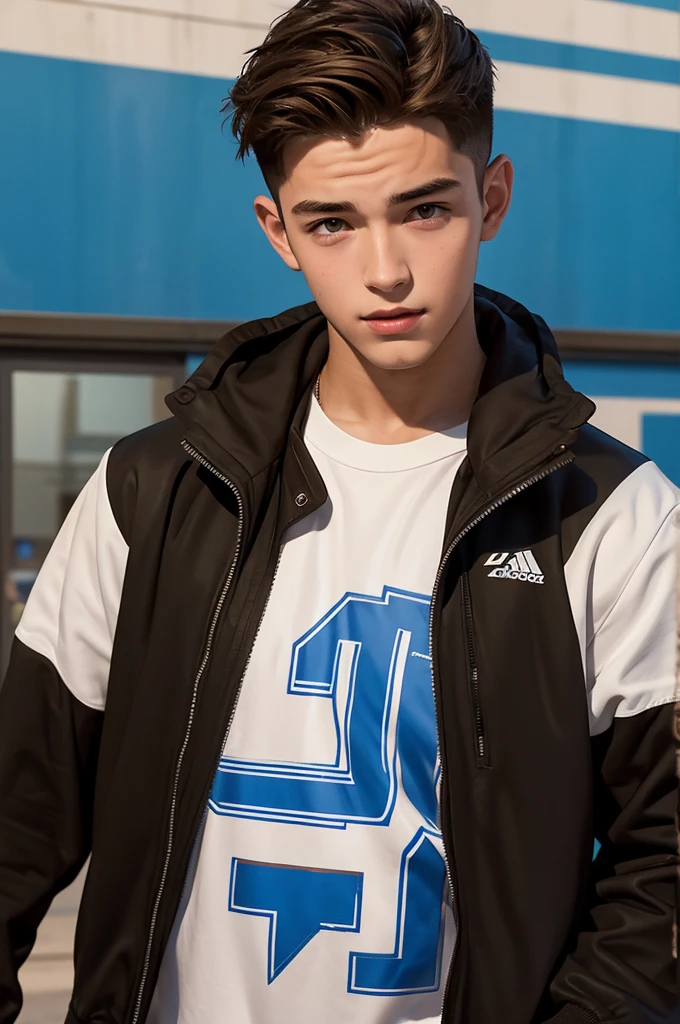 Create an image of a male teenager, looking between  and 18 years olbrownhair, Caucasian skin, eyes browns, wearing school jacket, Written "Crawford". The image must have the style of a digital illustration inspired by the environments of GTA V. Your expression is happy, in poor lighting. Football field school atmosphere.The image must not contain extra hands, extra fingers, mutant hands, mixed texts, repeated letters. And try to make him look like model Francisco Lachowski.
