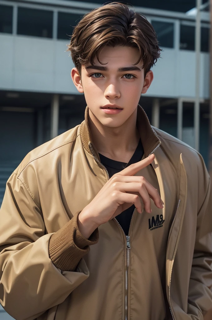 Create an image of a male teenager, looking between  and 18 years olbrownhair, Caucasian skin, eyes browns, wearing school jacket, Written "Crawford". The image must have the style of a digital illustration inspired by the environments of GTA V. Your expression is happy, in poor lighting. Football field school atmosphere.The image must not contain extra hands, extra fingers, mutant hands, mixed texts, repeated letters. And try to make him look like model Francisco Lachowski.