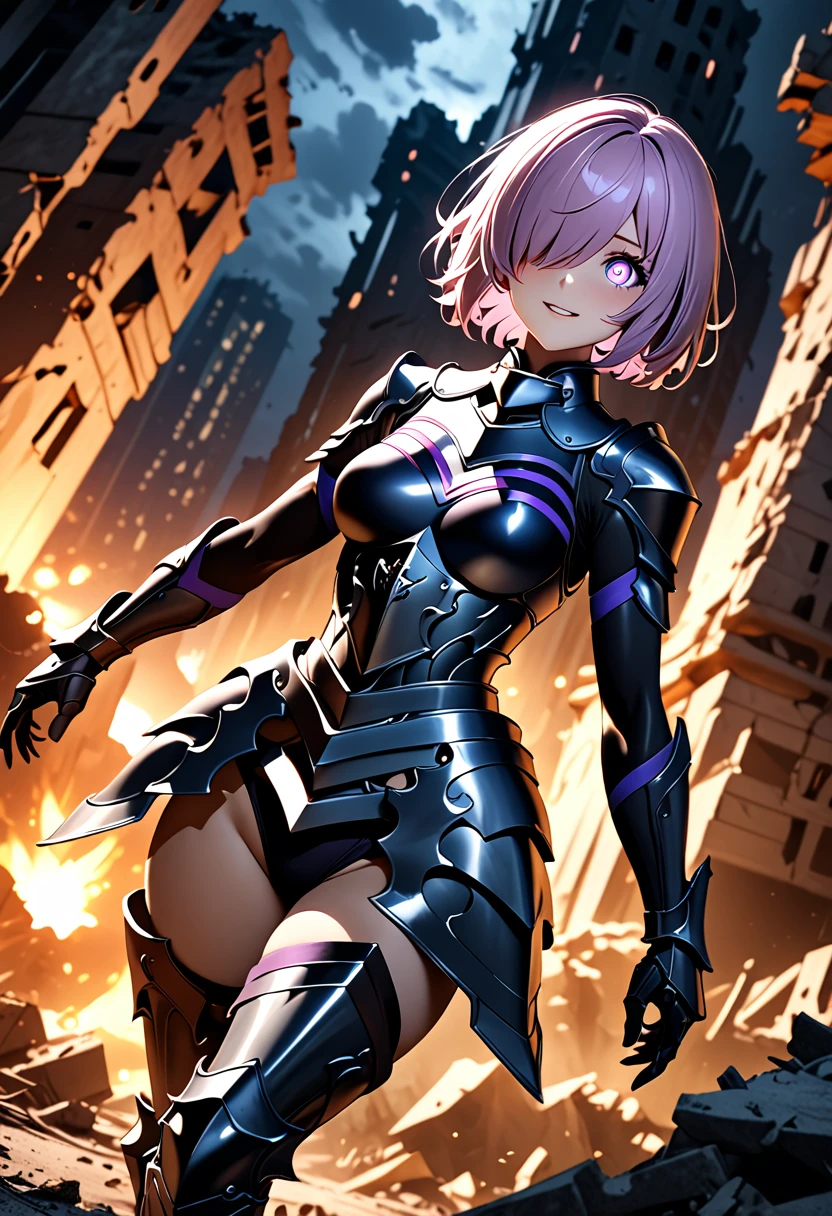 (masterpiece, top quality, best quality, beautiful and aesthetic:1.2), full body, SFW, extremely detailed, detailed face and eyes, detailed hands, cinematic light, depth of field, 1girl, seducing smile, solo, official, (full armored knight:1.4), dark armor, mash kyrielight, light purple hair, short hair, hair over one eye, slim body, cinematic lighting, dramatic lighting, dramatic atmosphere, hyper-realistic, high resolution, stunning contrast, high quality, best quality, 8k, 4k, intricately detailed, (amazing details:1.2), highly detailed skin, powerful presence, vibrant colors, (detailed eyes:1.2), striking eyes, (detailed background), (warzone on background, night, ruins), (dynamic angle:1.2), (dynamic pose:1.2)