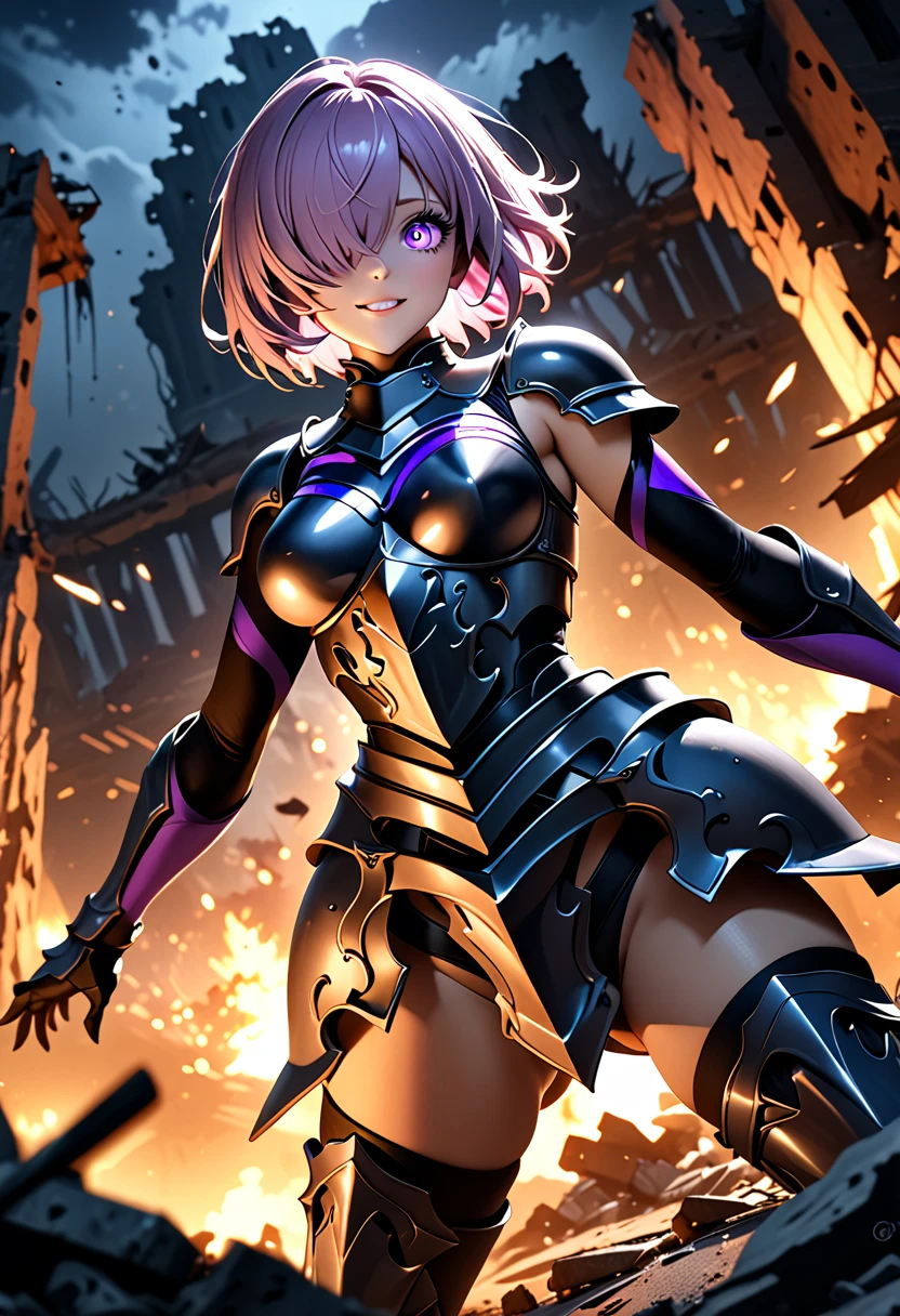 (masterpiece, top quality, best quality, beautiful and aesthetic:1.2), full body, SFW, extremely detailed, detailed face and eyes, detailed hands, cinematic light, depth of field, 1girl, seducing smile, solo, official, (full armored knight:1.4), dark armor, mash kyrielight, light purple hair, short hair, hair over one eye, slim body, cinematic lighting, dramatic lighting, dramatic atmosphere, hyper-realistic, high resolution, stunning contrast, high quality, best quality, 8k, 4k, intricately detailed, (amazing details:1.2), highly detailed skin, powerful presence, vibrant colors, (detailed eyes:1.2), striking eyes, (detailed background), (warzone on background, night, ruins), (dynamic angle:1.2), (dynamic pose:1.2)