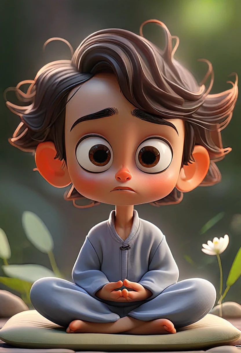 animated little boy doing meditation blowing air