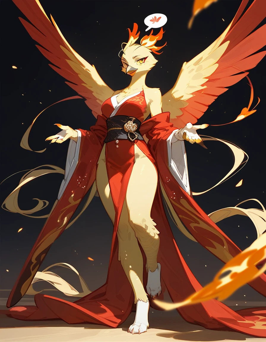 score_9, score_8_up, score_7_up, an Anthro phoenix girl, avian female, red and yellow body, spoken yellow hair, wearing elegant kimono, barefoot, standing, yellow eyes