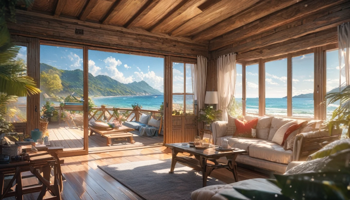 Holiday Homes, Large windows and beautiful views,Wooden Lodge,Inside the room,Blur the background,Pleasant sea breeze,Glitter effect,Highest quality, 8K, High resolution, masterpiece:1.2, Very detailed, Realistic:1.37, High resolution, 超High resolution, Ultra-fine painting, Very detailed, Professional, Vibrant colors