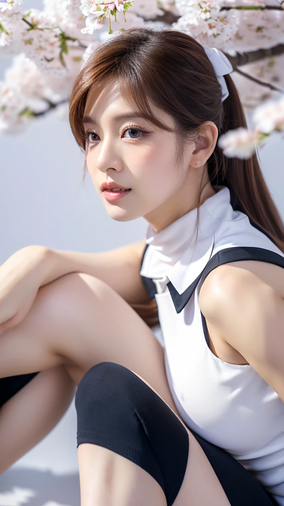 ((a white cherry blossom)),(detailed face),(crotch),normal breasts,pretty,sleeveless and turtle neck white silky clothes,4k ,super high resolution ,(photo-realistic: 1.7),((white background)),black long hair,