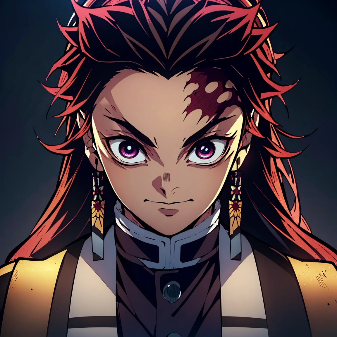 (Best Quality,ultra detailed,realist:1.37),high resolution(4k,8k),portrait,Demon Slayer character,black hair with blue,semi long hair,dark blue eyes with golden irises,,warm smile,YOUNG,sarcastic,24 years ,Kimetsu no Yaiba&#39;s distinctive style, firm installation, vibrant colors, detailed facial features, powerful aura, determined expression, katana in hand, fierce eyes, dusk scene, dramatic lighting, flowing layer, a dark yukata with gold decorations, intricate patterns, dark blue background,male gender,pale skin.
