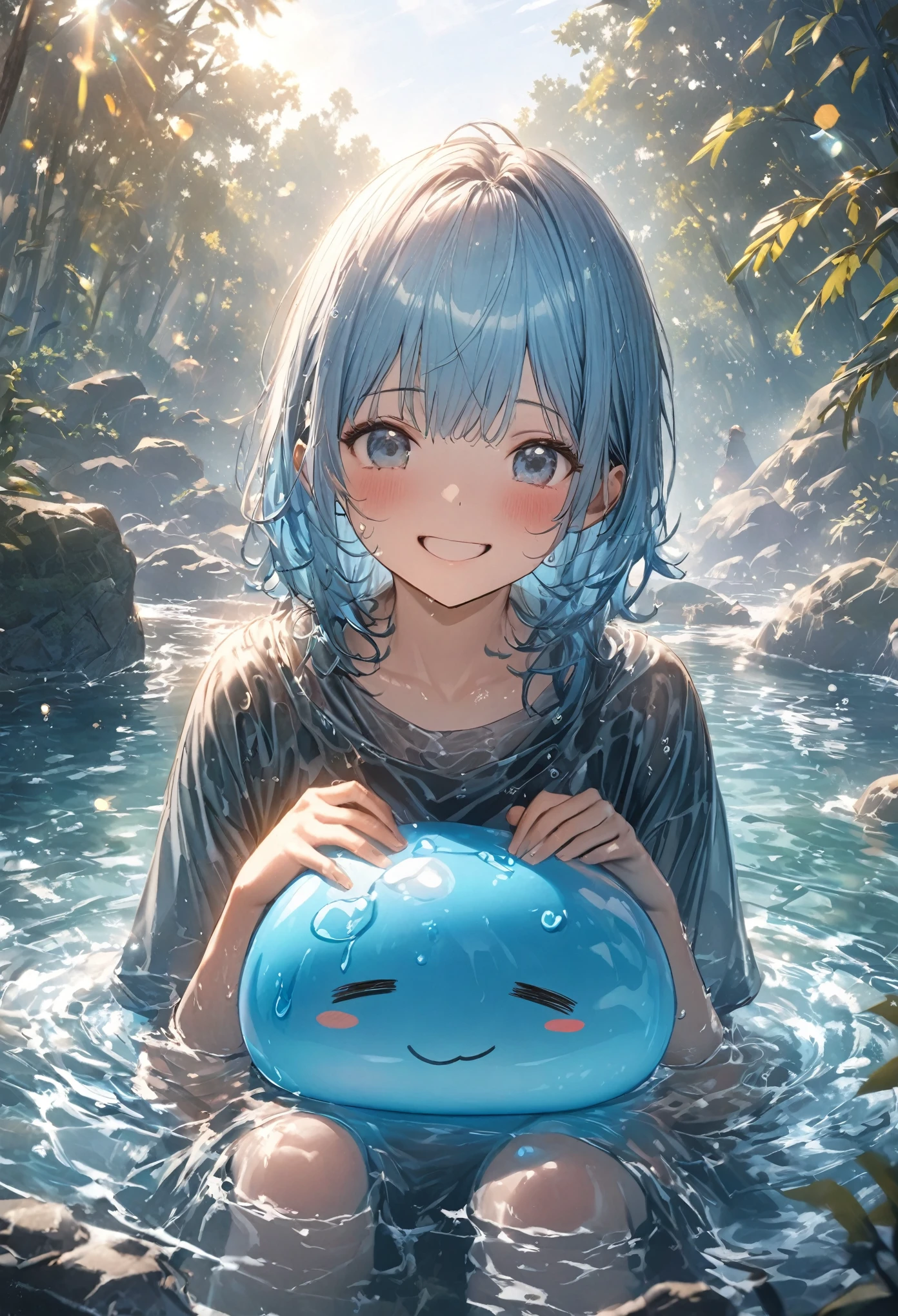 One person, Waterside in the forest、Sitting with feet in water、Having fun bathing in the water with slime、A little swordsman with blue hair., Sit on the ground, Clear blue sky、Bokeh, depth、Fun Expressions、Portrait、Lens flare、Detailed illustrations、Realistic portrayal