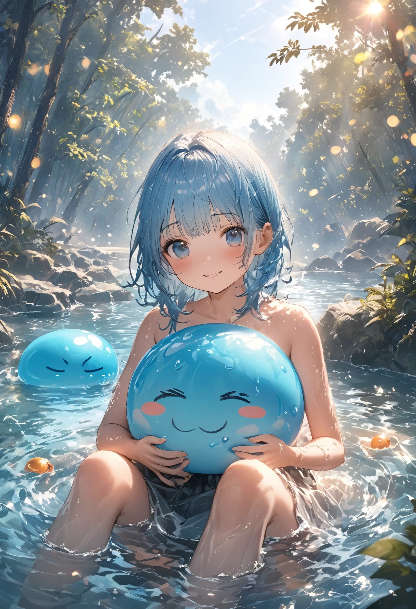 One person, Waterside in the forest、Sitting with feet in water、Having fun bathing in the water with slime、A little swordsman with blue hair., Sit on the ground, Clear blue sky、Bokeh, depth、Fun Expressions、Portrait、Lens flare、Detailed illustrations、Realistic portrayal