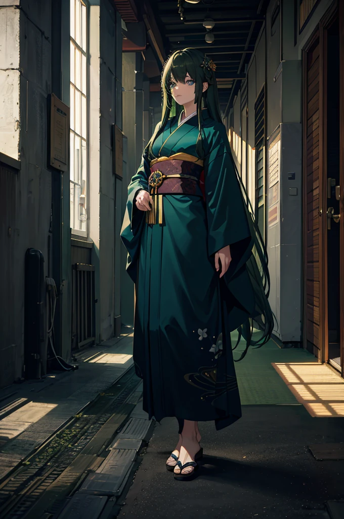 1woman, dark green hair, long hair, blue eyes, kimono, standing on ground, high res, ultra sharp, 8K, masterpiece