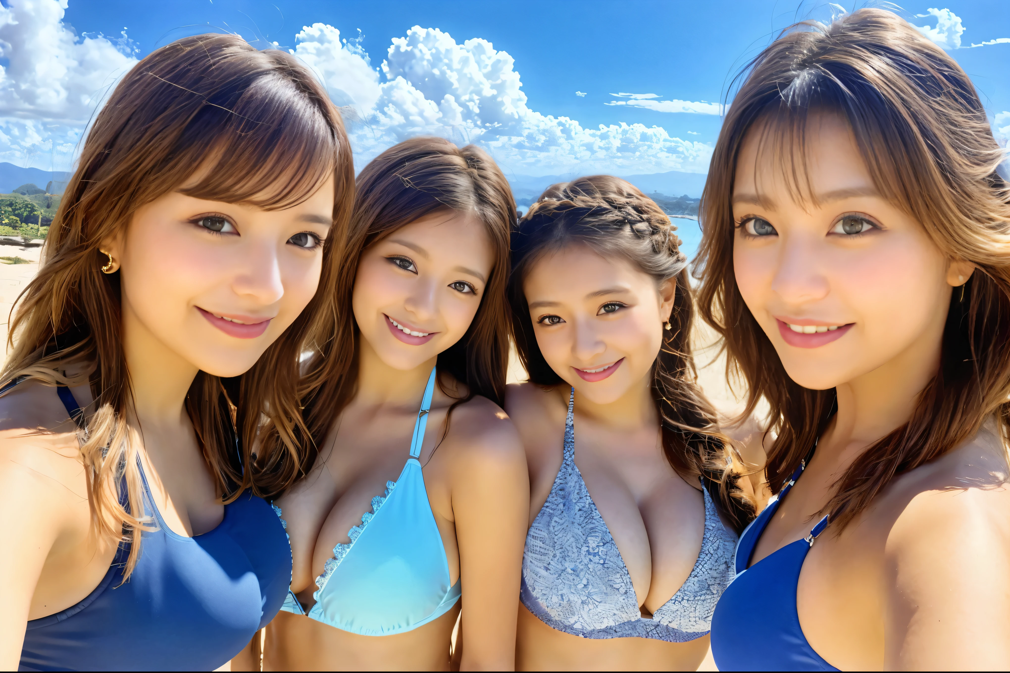 (From below:1.4)、(Three Girls:1.4)、Light brown fringe hair、Braided hair、Disheveled Hair、Light brown eyes、(Laughter)、(Big Tits:1.5)、(Highlight the valley:1.3)、Dressing room、Photorealistic、(Shadow:1.1)、(Intricate details:1.2)、(Tabletop、:1.3)、(Highest quality:1.4)、(Ultra-high resolution:1.2)、Ultra-high resolution、(Detailed eyes)、(Detailed facial features)、(Colorful Bikinis:1.2), (Selfie:1.3)、Girls standing side by side、On a tropical beach、blue sky、beautiful sea