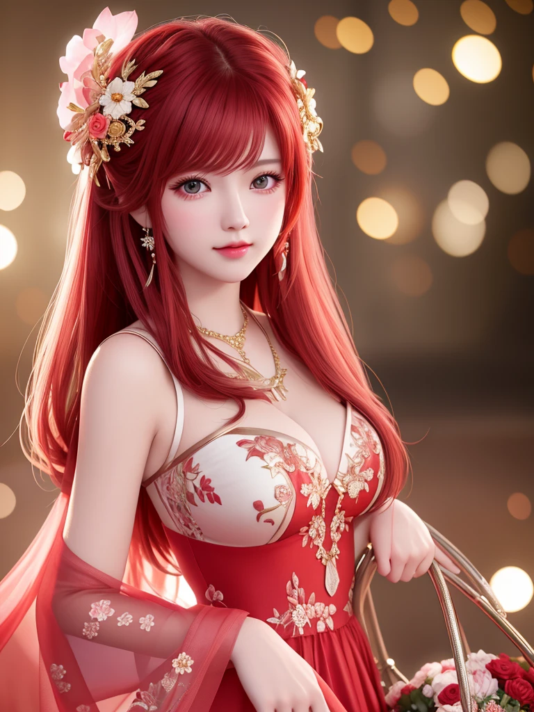 best quality, masterpiece, High target, There is a girl with a basket of flowers on her head, Big breast beauty,Very sexy,Beautiful red dress, Hair Decorationss, necklace, Decorations, Pretty Face, When the body, Tyndall effect, Realistic Portraits, Edge lighting, Two-color light, (Very delicate skin:1.2), 8K uhd, Digital SLR Camera, Soft Light, high quality, Volumetric Lighting, Honest, photo, high resolution, 4K, 8K, Bokeh,Big red hair,Pink Eyes.