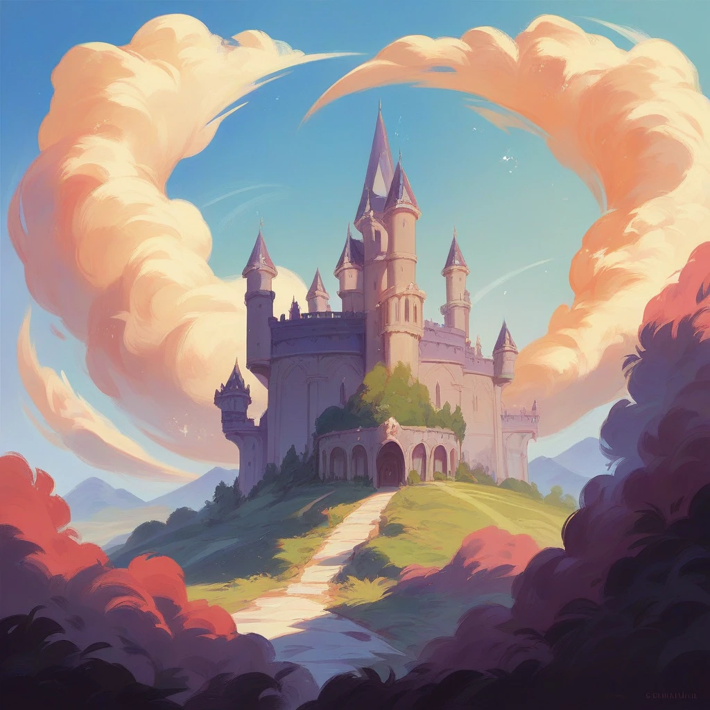 Castle floating in the sky seen from far away, panoramic and deep perspective, colorful and beautiful sky with high contrast, surrealistic painting in Salvador Dali style.