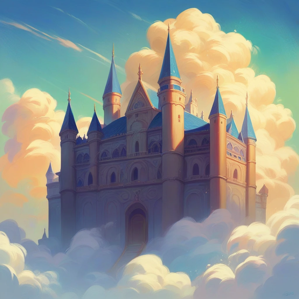 Castle floating in the sky seen from far away, panoramic and deep perspective, colorful and beautiful sky with high contrast, surrealistic painting in Salvador Dali style.