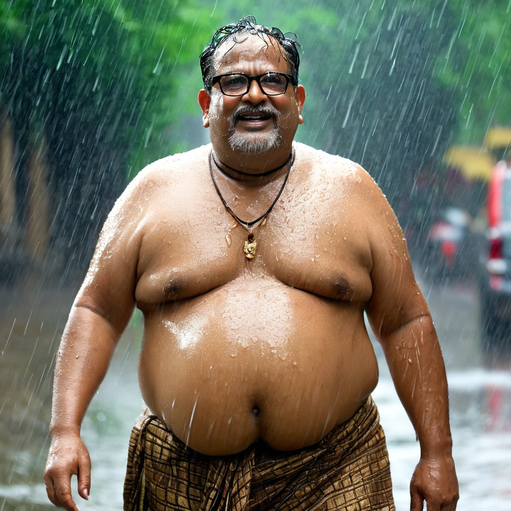 Priest, Brahmin, Indian, fat man, Chubby, 50 years old, wearing glasses, shirtless, shirt off, shirtless, wet from the rain.