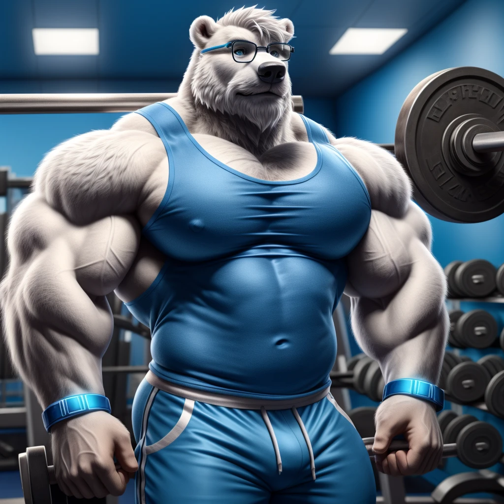 solo, 1boy, Huge Muscular old White Polar Bear wearing glasses, huge white fur, pectoral, huge pectoral, wide pectoral, short white hair, blue colored short pants, blue colored wristbands and blue colored tank top, white bearded, white Mustache, white fur, simple background, masterpiece, high detailed, 8k, high resolution, at the gym, bicep curls heavyweights barbell