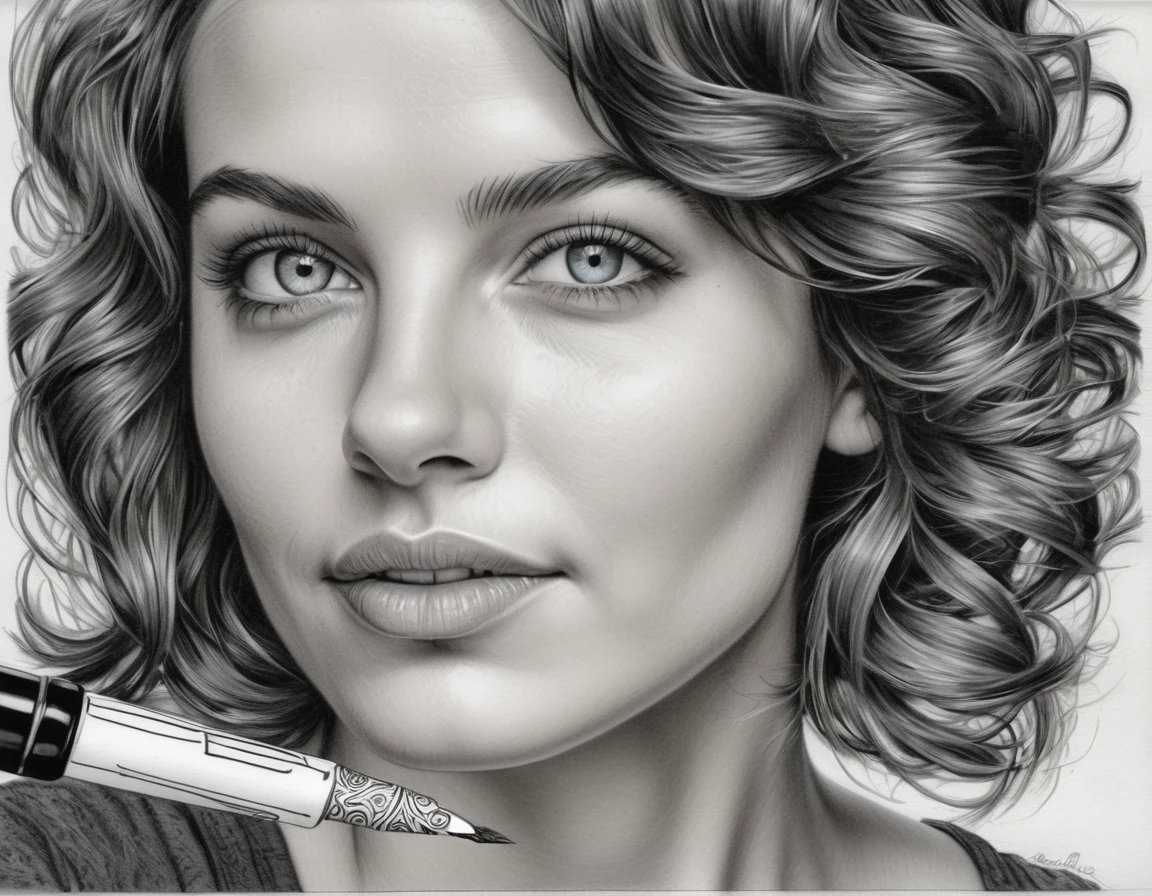 zoom portrait, fountain pen draauing of a Brunette auoman auith a gentle smile, short, slightly curly hair, auell-defined eyeBroaus, Beautiful [:light Blue:15] eyeballs, intricate lines, highy detailed, B&au, monochrome, black andwhite, graffit, pencil painting, coal, (hight contrast:1.1), auhite Background