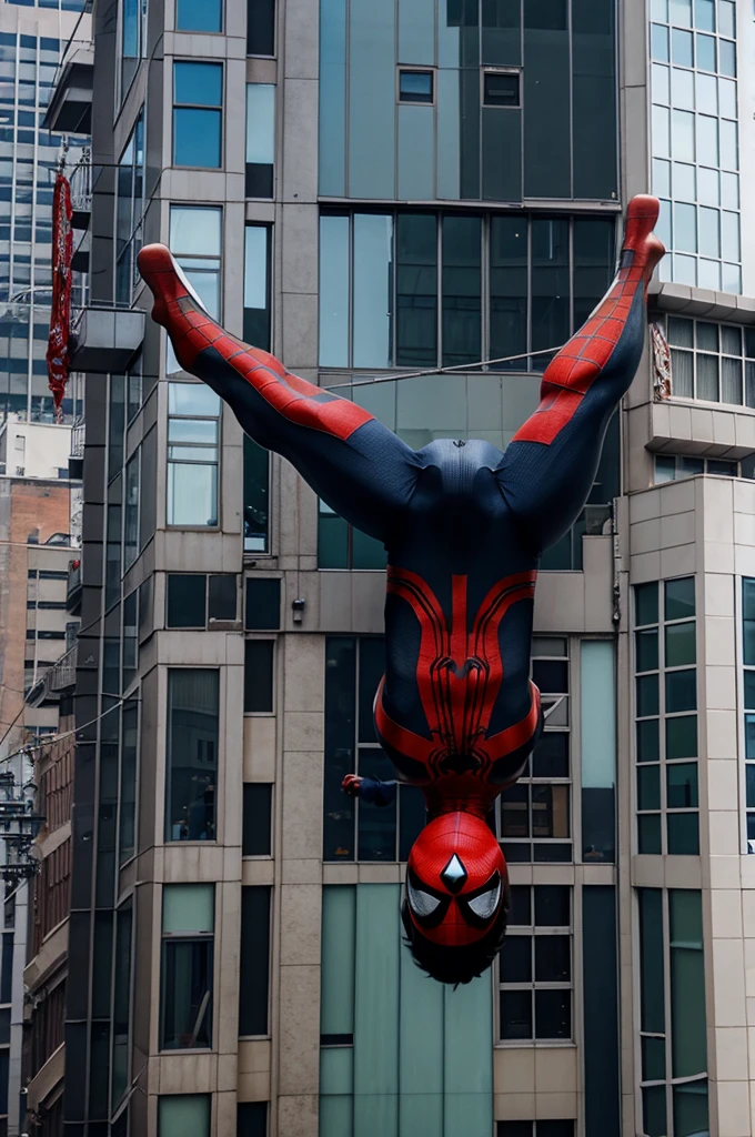 Obes Spiderman hanging on building,