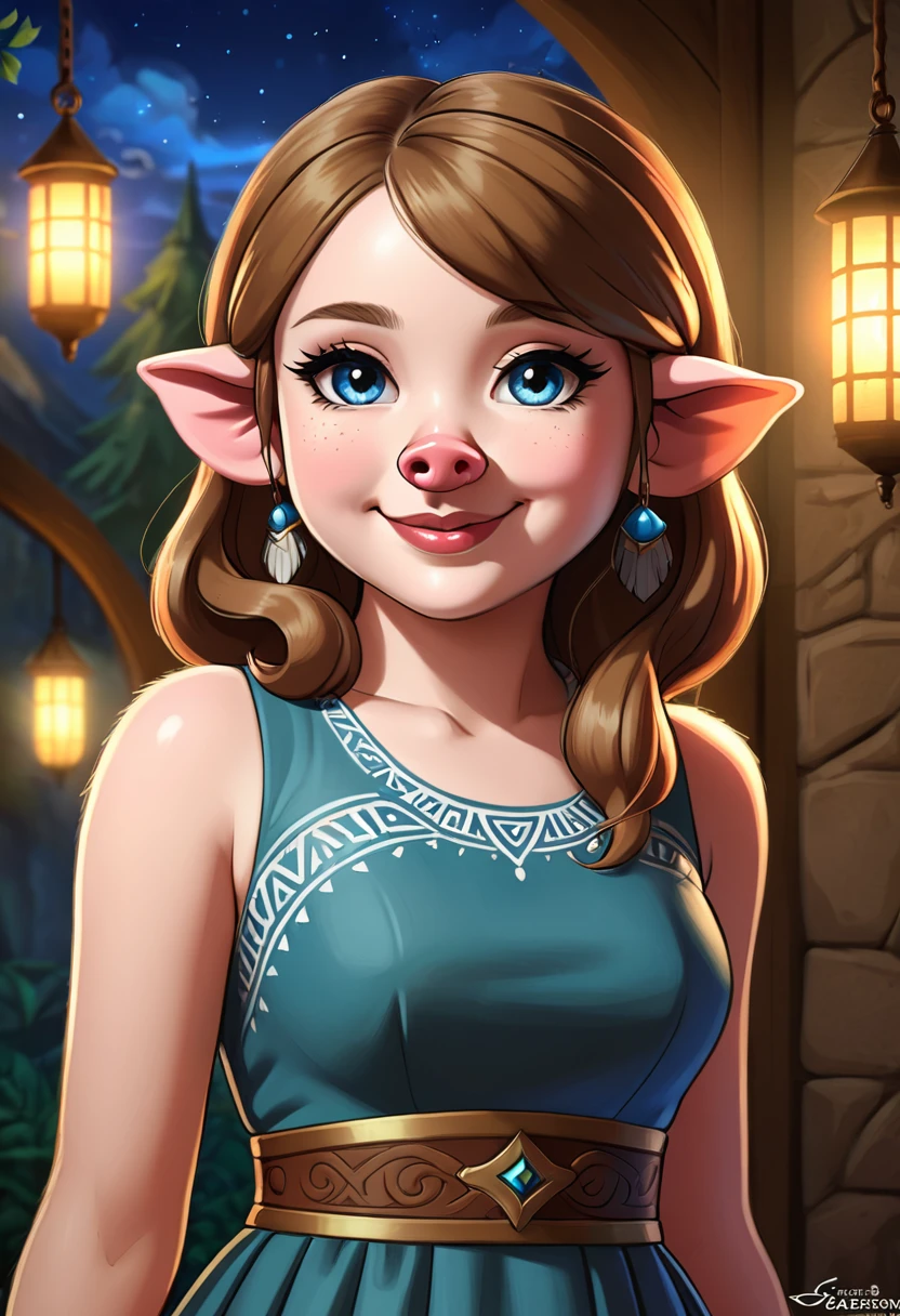 Create an illustrated, hand-drawn, full-color image of an  humanoid, hybrid, anthropomorphic, pig girl. The artwork should be rendered in the style of "Breath of the Wild," featuring warm lighting and shadows. Include graphite shading, stencil marks, and airbrushed acrylic paint effects. The image should be of the highest quality, a masterpiece with intricate details.

The pig girl should have a female, humanoid, appearance. She should have luscious lips, a wide smile, and bright, expressive eyes, exuding beauty, cuteness, and adorableness. Ensure the image is high resolution and sharply detailed, with a detailed and vibrant background. Scarlett Johanson, Alison Brie, Dove Cameron

Incorporate mystical lighting in the background, creating a romantic and enchanting atmosphere.
