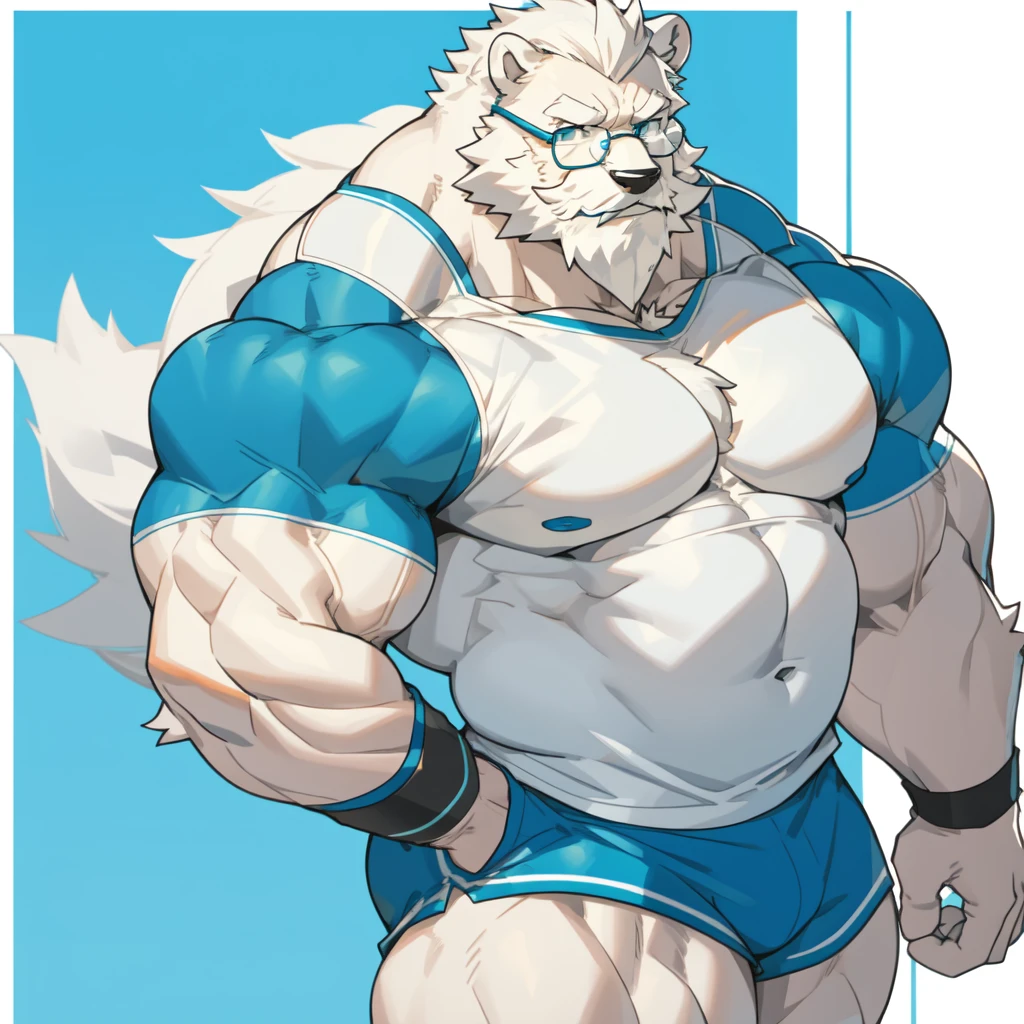 solo, 1boy, Huge Muscular White Polar Bear wearing glasses, huge white fur, pectoral, huge pectoral, wide pectoral, short white hair, blue colored short pants, blue colored wristbands and blue colored tank top, white bearded, white Mustache, white fur, simple background, masterpiece, high detailed, 8k, high resolution, at the gym, flexes huge muscles