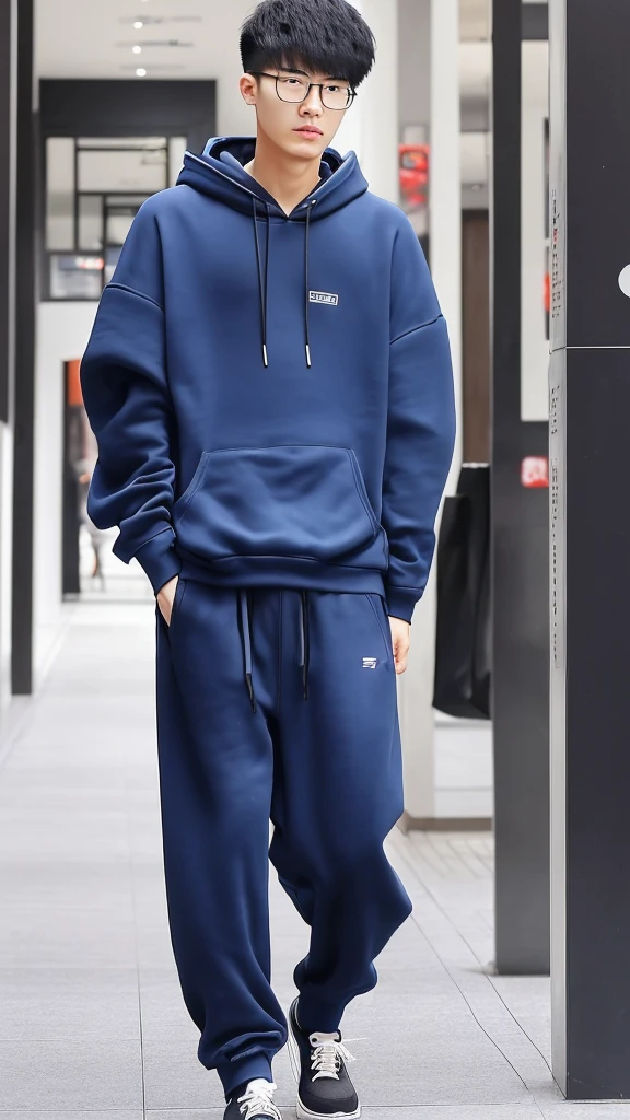 21 year old Shanghai boy, he is ((oversized xxxl blue plain hoodie)), wearing black Trousers, wearing sneakers, wearing glasses, fully body, (he is 한국 머리카락입니다) Korean style, walking, buzz Hairstyle,foot, shopping mall